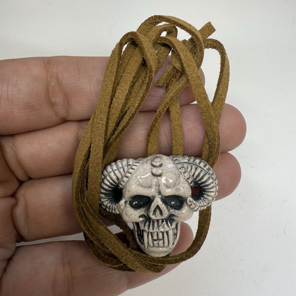 Horned Skull Clay Totem Pendant Necklace On Adjustable Suede Cord
